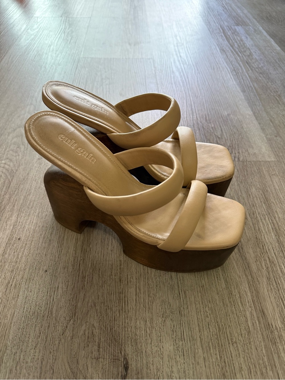 cult gaia lucy tan brown calf leather sculptural platform high heel sandals 38